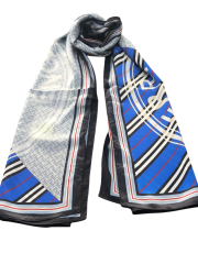 VUAL İPEK ŞAL YAZILI DESEN SİYAH SAKS MAVİSİ