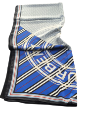 VUAL İPEK ŞAL YAZILI DESEN SİYAH SAKS MAVİSİ