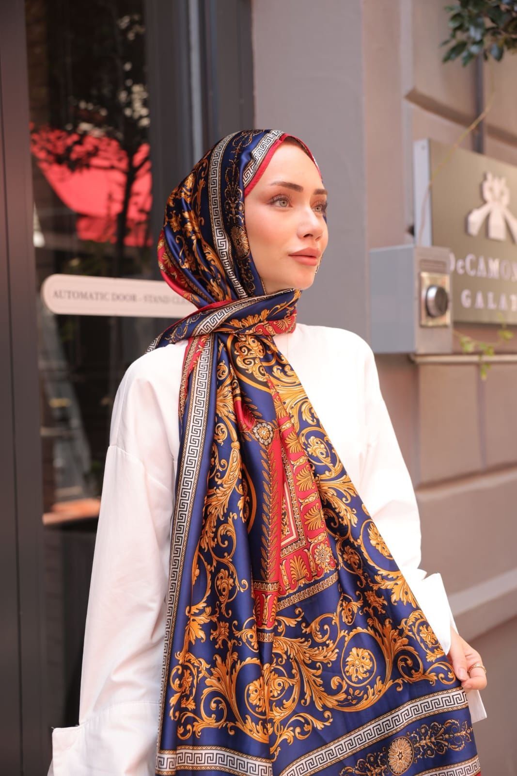 Vual İpek Şal Varok Desen Lacivert Kırmızı