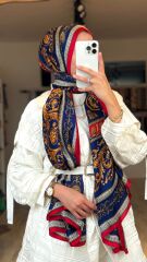 Versace Vual İpek Şal Lacivert Kırmızı
