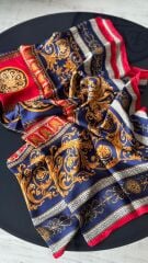 Vual İpek Şal Varok Desen Lacivert Kırmızı