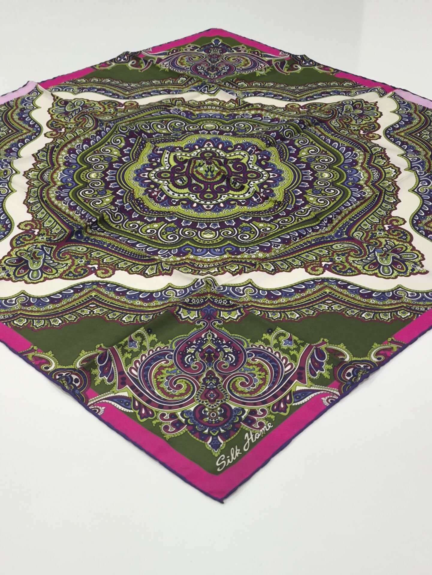 SİLKHOME TİVİL İPEK EŞARP ETNİK DESEN FUŞYA YEŞİL 2020-1