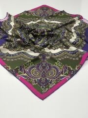 SİLKHOME TİVİL İPEK EŞARP ETNİK DESEN FUŞYA YEŞİL 2020-1