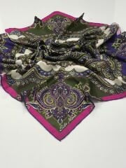 SİLKHOME TİVİL İPEK EŞARP ETNİK DESEN FUŞYA YEŞİL 2020-1