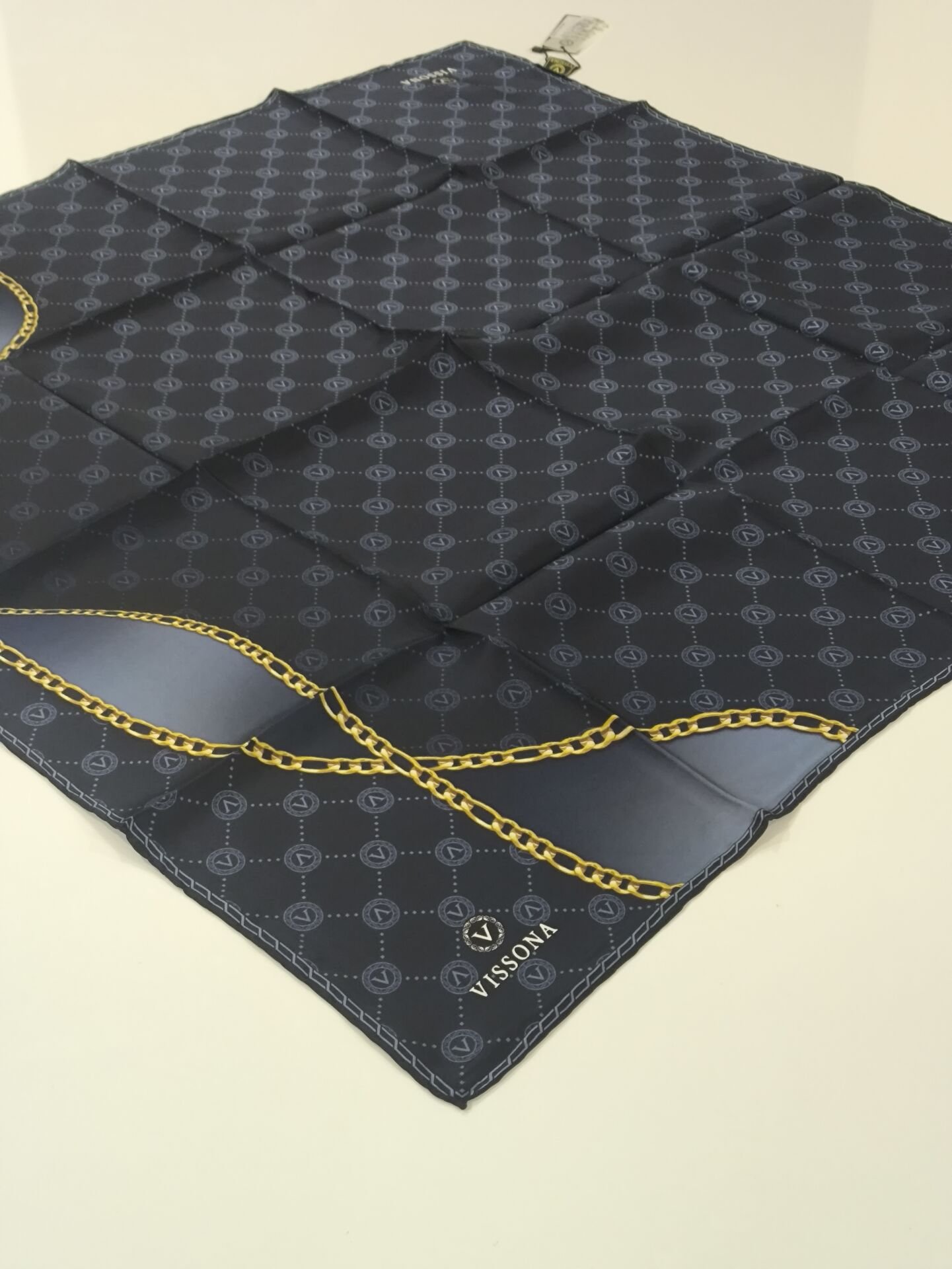 VİSSONA TİVİL İPEK EŞARP ZİNCİR MODEL LACİVERT İNDİGO 1018-3