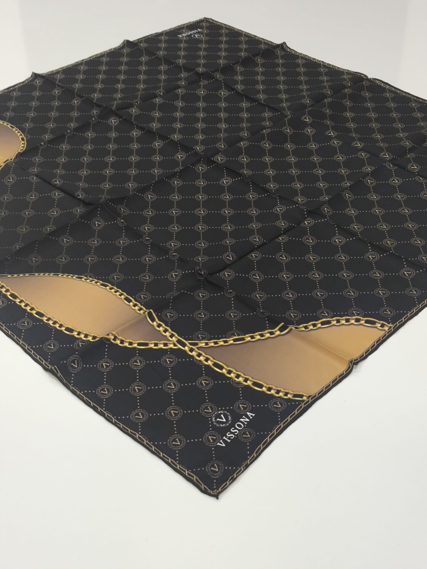 VİSSONA TİVİL İPEK EŞARP ZİNCİR MODEL SİYAH KAHVE 1018-7