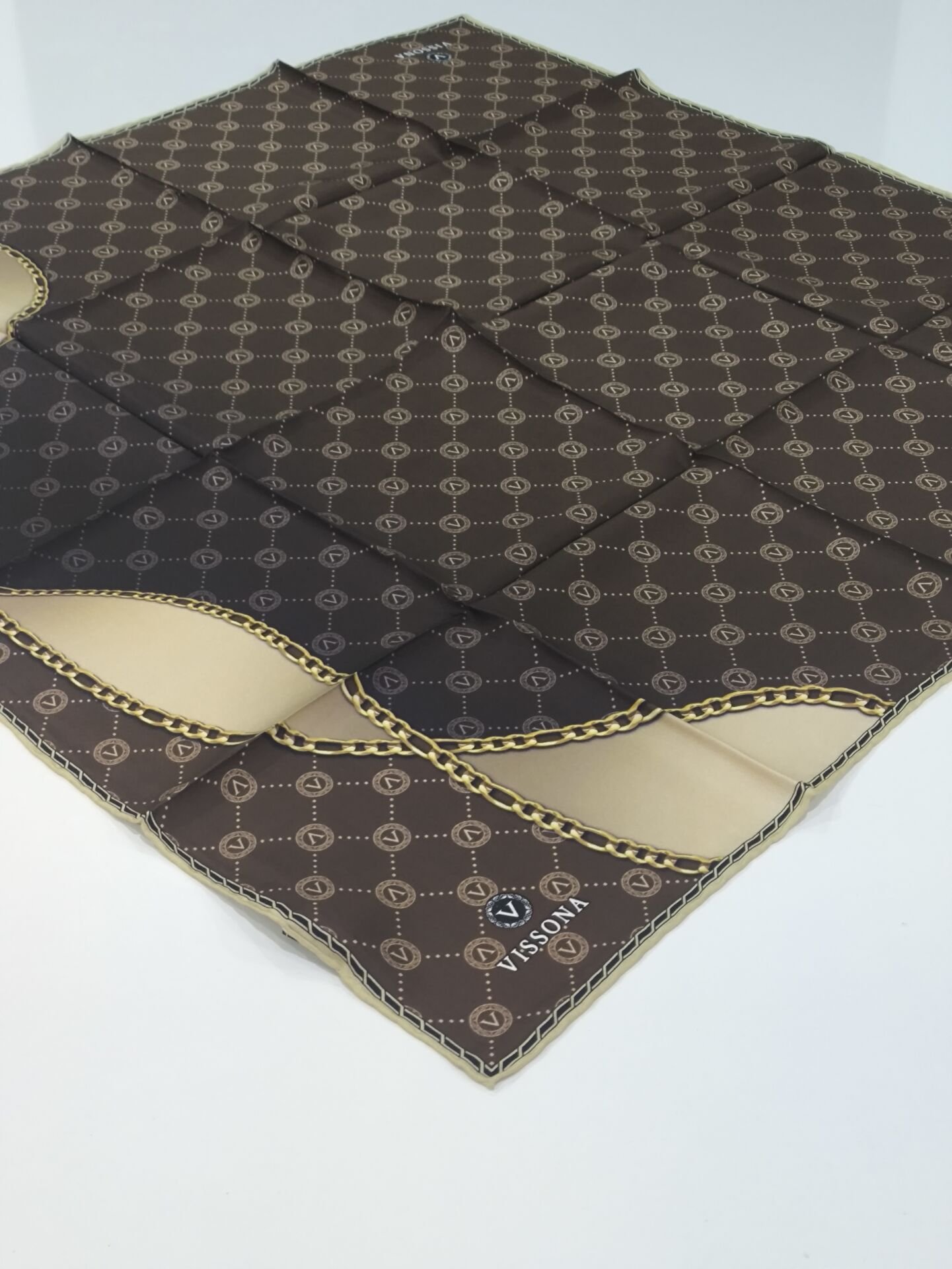 VİSSONA TİVİL İPEK EŞARP ZİNCİR MODEL KAHVE VİZON 1018-8