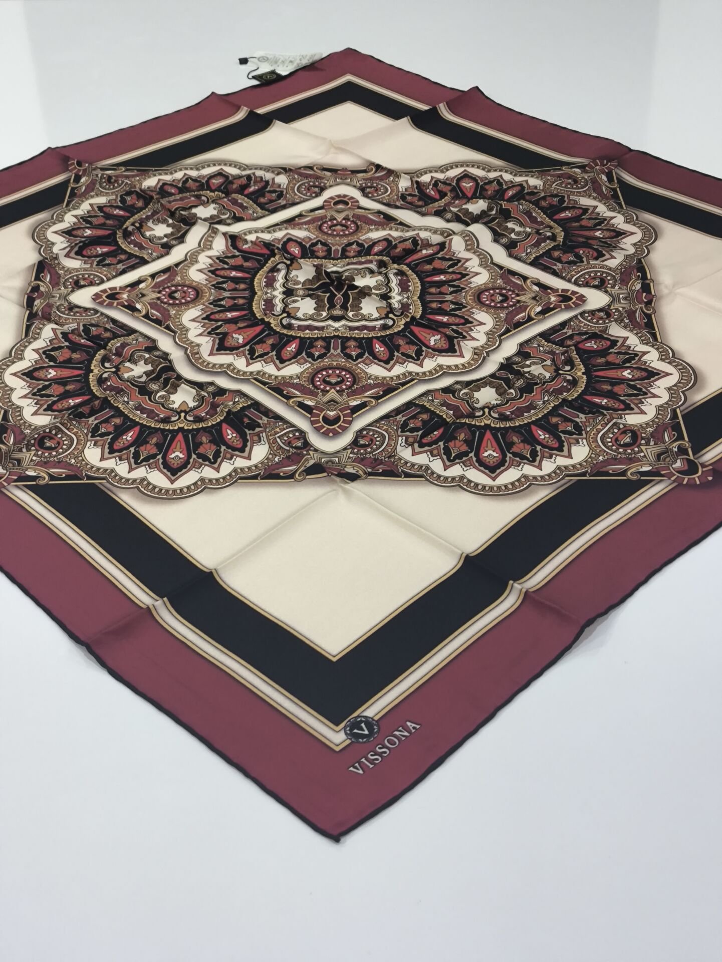 VİSSONA TİVİL İPEK EŞARP ETNİK DESEN SİYAH BORDO 1013-2