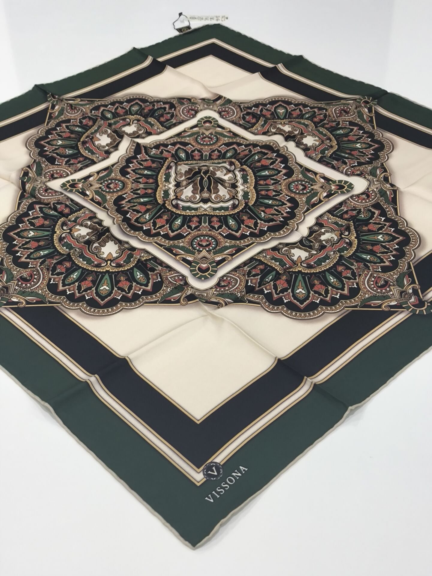 VİSSONA TİVİL İPEK EŞARP ETNİK DESEN SİYAH ZÜMRÜT 1013-4