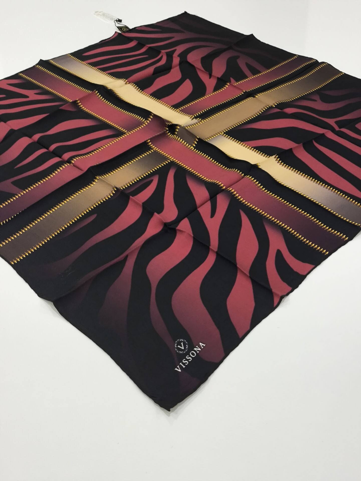 VİSSONA TİVİL İPEK EŞARP ZEBRA DESEN SİYAH BORDO 1016-1