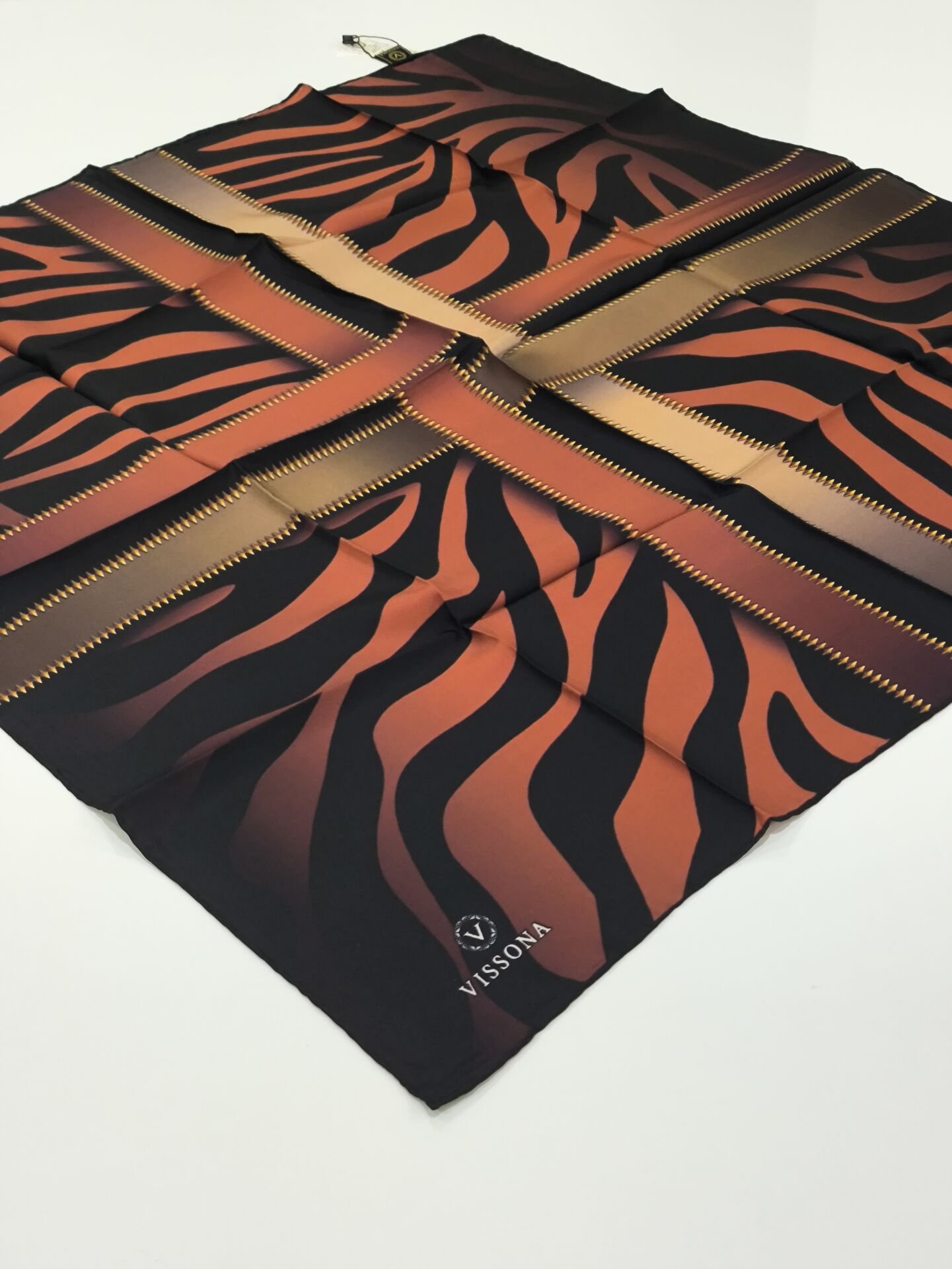 VİSSONA TİVİL İPEK EŞARP ZEBRA DESEN SİYAH KİREMİT 1016-2