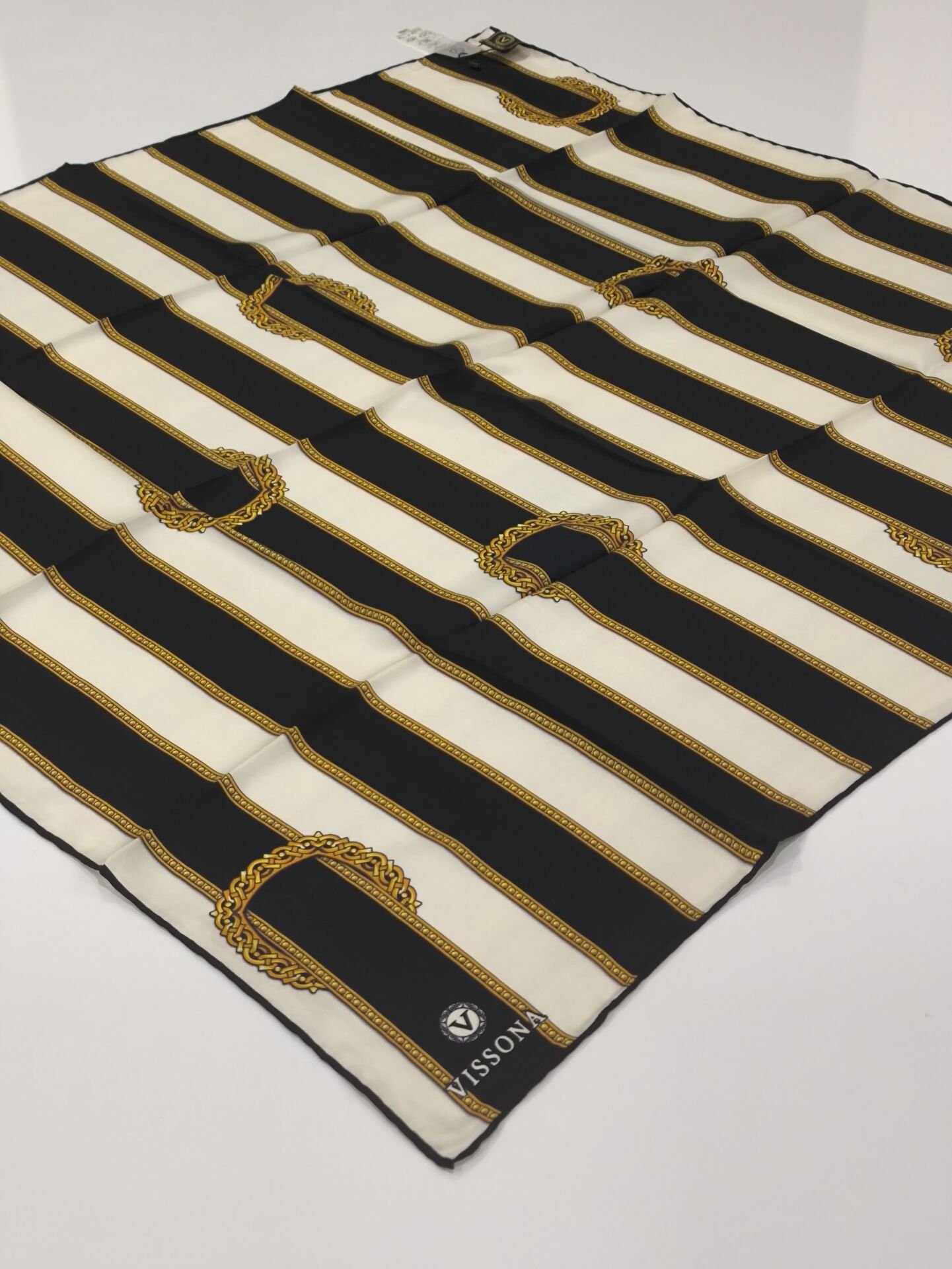 VİSSONA TİVİL İPEK EŞARP KEMER DESEN SİYAH KREM 1012-1
