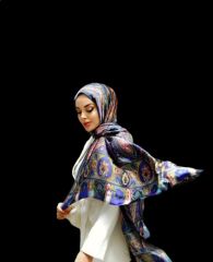 VUAL İPEK ŞAL ETNİK DESEN LACİVERT