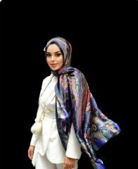 VUAL İPEK ŞAL ETNİK DESEN LACİVERT