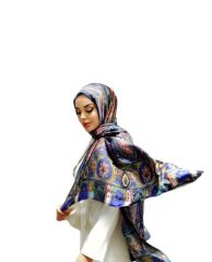 VUAL İPEK ŞAL ETNİK DESEN LACİVERT