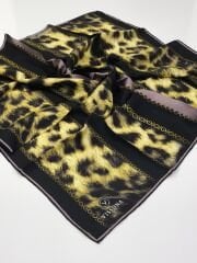 VİSSONA TİVİL İPEK EŞARP LEOPAR DESEN SİYAH GÜL KURUSU GOLD 3003-1
