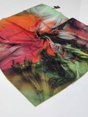 SARAR İNTERVİEW TİVİL İPEK EŞARP EBRU DESEN YEŞİL TURUNCU FUŞYA10012-5