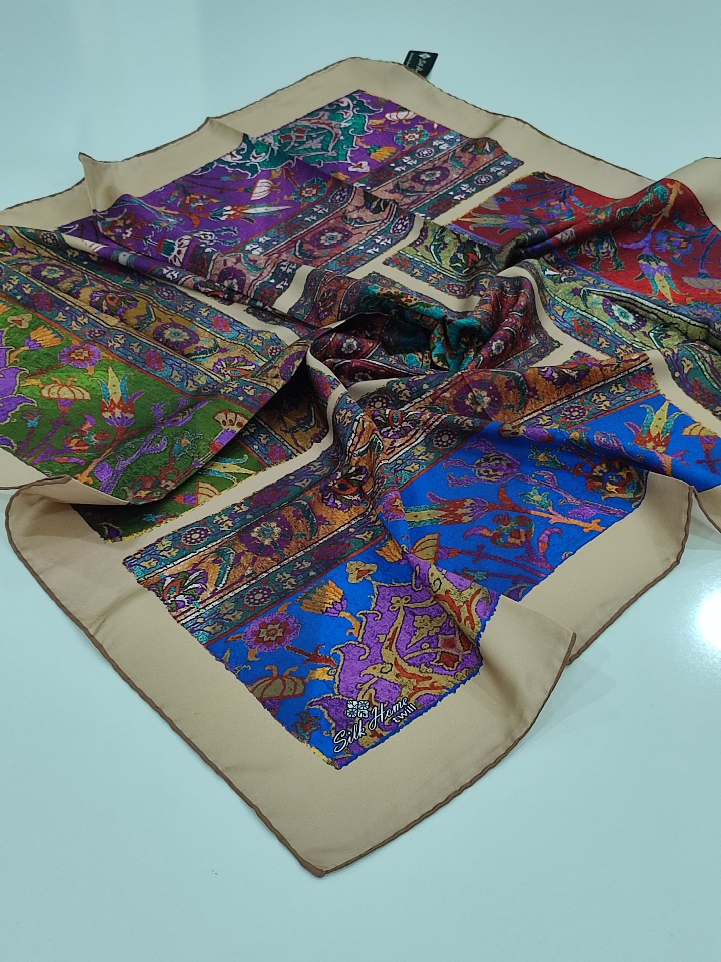 SİLKHOME KİLİM  DESEN  TİVİL EŞARP KREM MAVİ