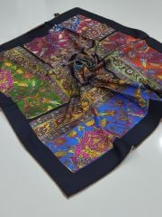 SİLKHOME KİLİM  DESEN  TİVİL EŞARP SİYAH SAKS MAVİ