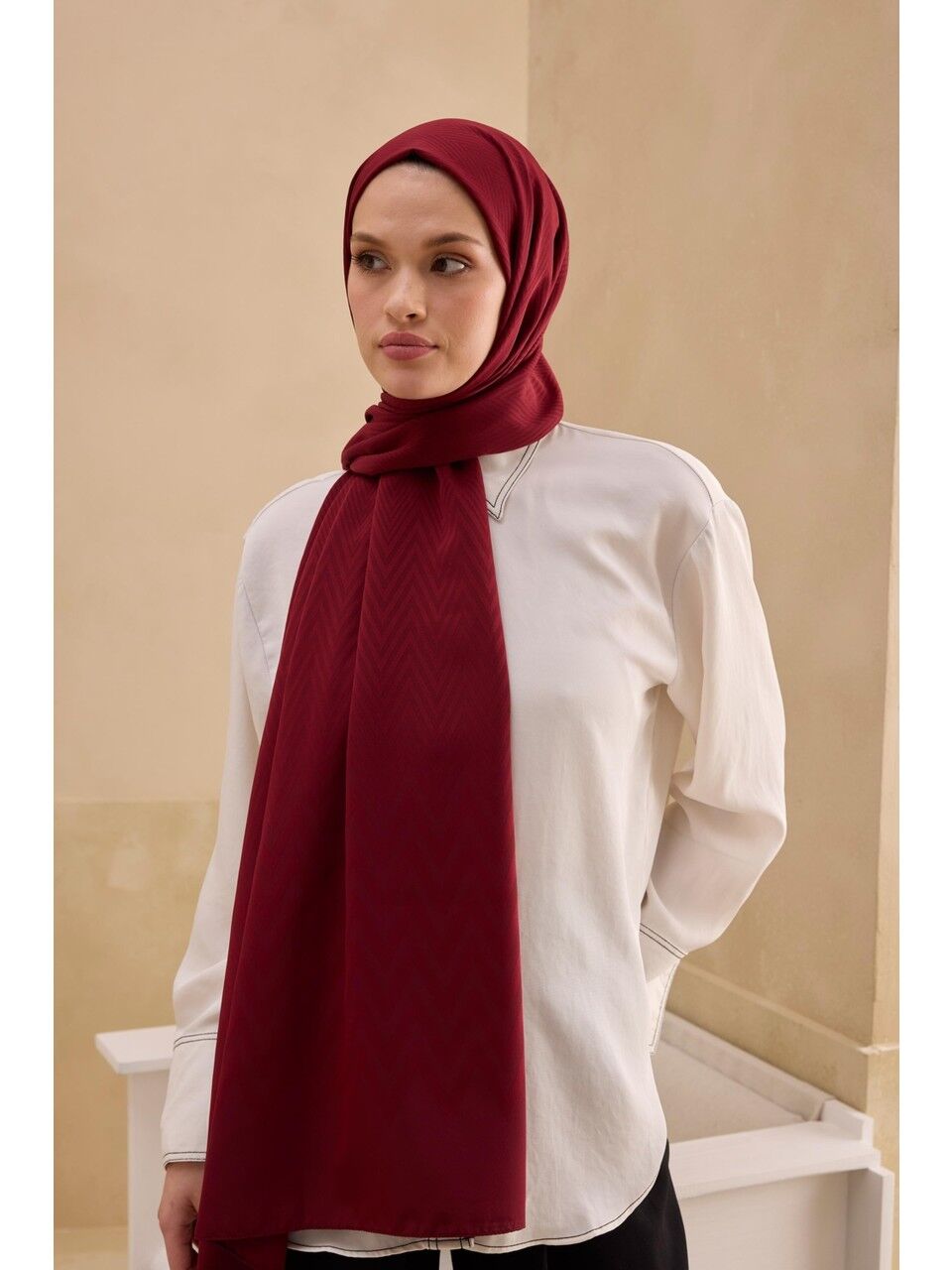 CARDİON JAKARLI ŞAL ZİGZAG DESEN AÇIK BORDO