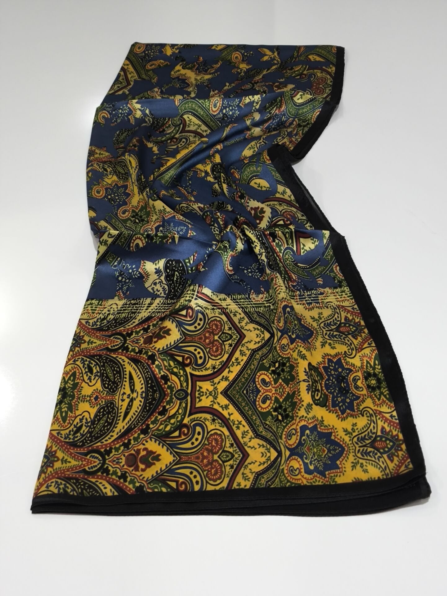 VUAL İPEK ŞAL ETNİK  DESEN SİYAH KOT MAVİ GOLD