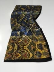 VUAL İPEK ŞAL ETNİK  DESEN SİYAH KOT MAVİ GOLD