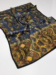 VUAL İPEK ŞAL ETNİK  DESEN SİYAH KOT MAVİ GOLD