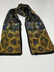 VUAL İPEK ŞAL ETNİK  DESEN SİYAH KOT MAVİ GOLD