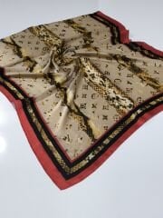 LV LOGO DESEN VUAL İPEK ŞAL KIRMIZI SİYAH GOLD