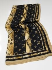 LV LOGO DESEN VUAL İPEK ŞAL GOLD SİYAH ZEMİNLİ