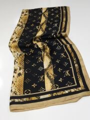 LV LOGO DESEN VUAL İPEK ŞAL GOLD SİYAH ZEMİNLİ