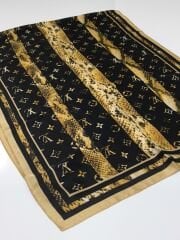 LV LOGO DESEN VUAL İPEK ŞAL GOLD SİYAH ZEMİNLİ