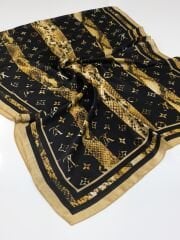 LV LOGO DESEN VUAL İPEK ŞAL GOLD SİYAH ZEMİNLİ