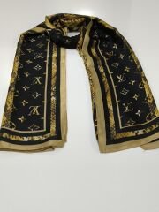 LV LOGO DESEN VUAL İPEK ŞAL GOLD SİYAH ZEMİNLİ