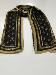 LV LOGO DESEN VUAL İPEK ŞAL GOLD SİYAH ZEMİNLİ