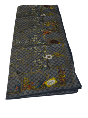 VUAL İPEK ŞAL ÇİÇEKLİ  G BASKILI KOT MAVİ