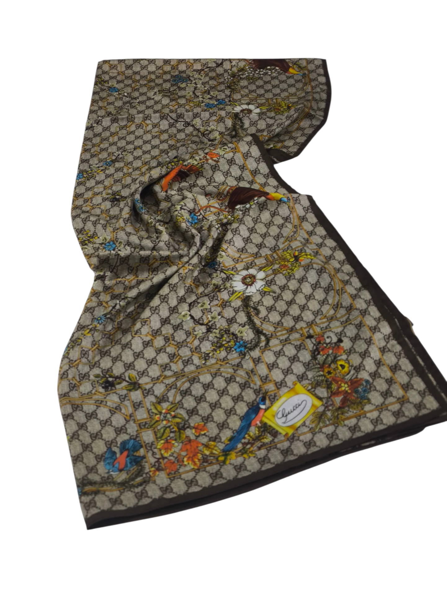 GUCCİ VUAL İPEK ŞAL ÇİÇEKLİ  G BASKILI KAHVERENGİ