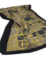 GUCCİ VUAL İPEK ŞAL G BASKILI KEMERLİ DESEN SİYAH KOT MAVİSİ
