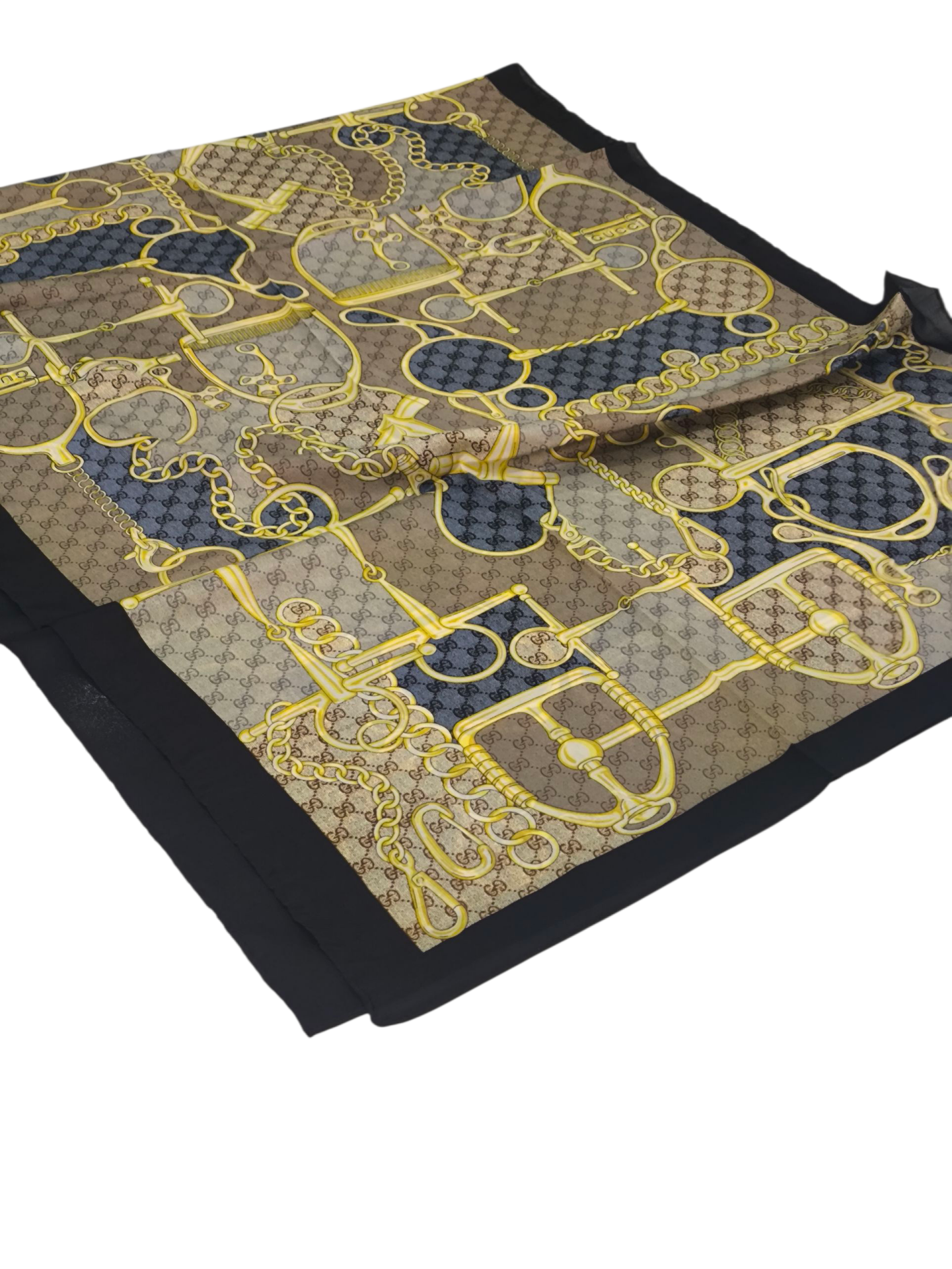 VUAL İPEK ŞAL G BASKILI KEMERLİ DESEN SİYAH KOT MAVİSİ