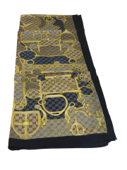 GUCCİ VUAL İPEK ŞAL G BASKILI KEMERLİ DESEN SİYAH KOT MAVİSİ