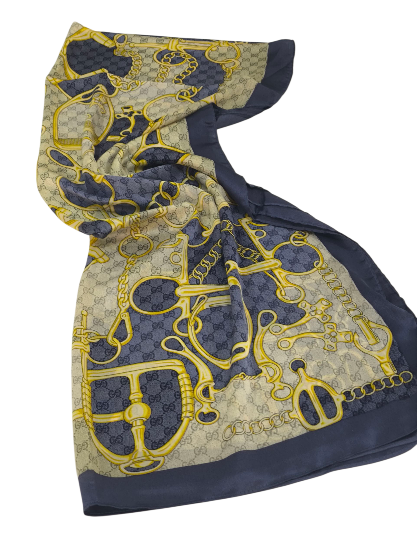 GUCCİ VUAL İPEK ŞAL G BASKILI KEMERLİ DESEN KOT MAVİSİ