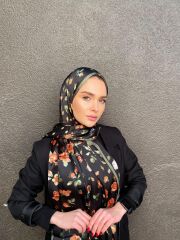 VUAL İPEK ŞAL KÜÇÜK  ÇİÇEK DESENLİ  SİYAH YEŞİL